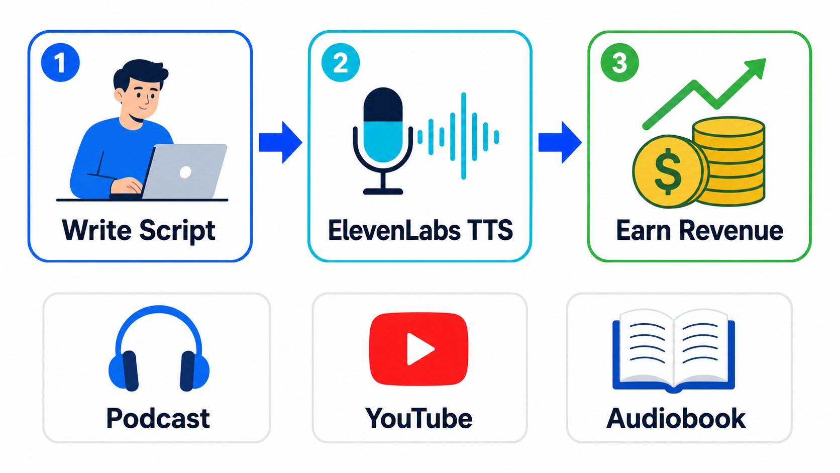 How to make money with ElevenLabs — Write Script, TTS, Earn Revenue flow