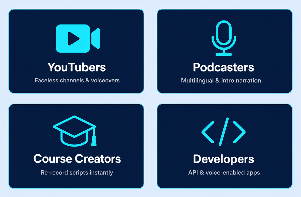Who should use ElevenLabs: YouTubers, Podcasters, Course Creators, Developers