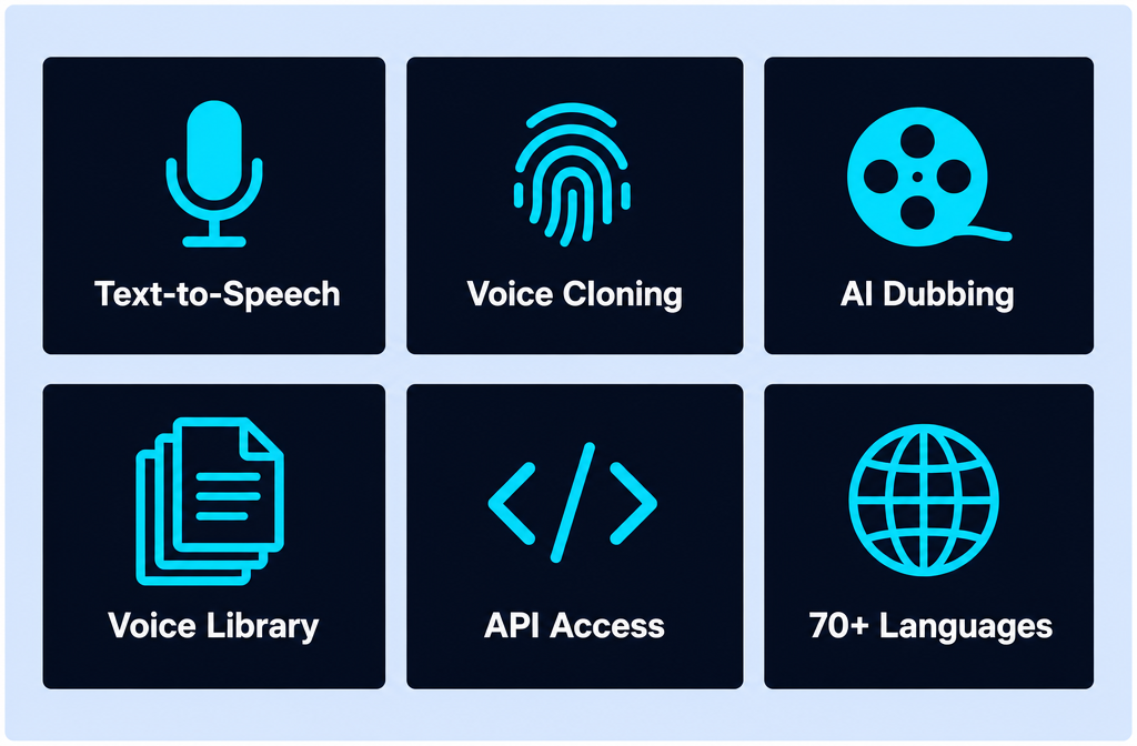 ElevenLabs core features: TTS, Voice Cloning, AI Dubbing, Voice Library, API Access, 70+ Languages